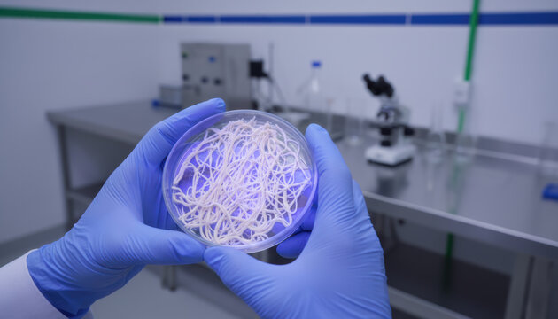 Focused technologist holding petri dish in food processing lab for scientific analysis