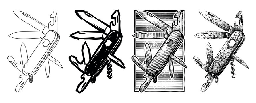 Set of four multi-tool pocket knife illustrations showing different artistic styles including line art, ink sketch, classic engraving, and stippling for a versatile design collection