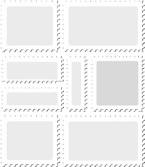 Postage stamp frame template set isolated on light background, perforated border collection for mail, scrapbook, album, and vintage postal design projects