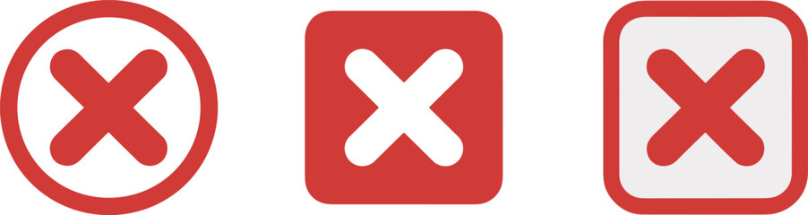 Obraz premium Red cross mark icon set isolated on light background, cancel and close button symbols collection for error, delete, reject, and warning design