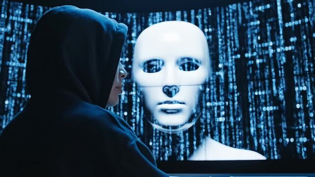 Person in hoodie gazes at a digital human face on a futuristic screen with binary code