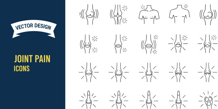 Vector collection of human body joint pain icons showing inflammation, stiffness, arthritis and injury symptoms in minimal line style