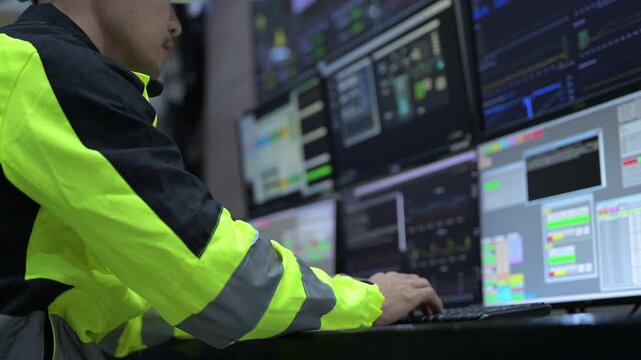 Professional engineer monitoring complex data systems on multiple screens in modern control center. Male worker analyzing digital charts and graphs for security and automation performance.