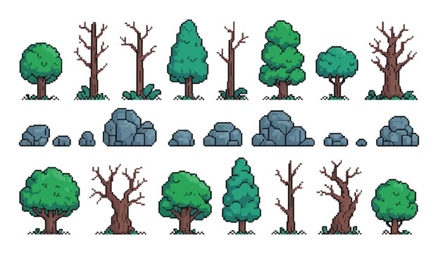Pixel Plants and Stones Vector Set, Retro 8 Bit Video Game Sprite Assets with Rocks, Forest and Park Trees, Logs, Tree Trunks and Stumps, Isolated Game Illustration