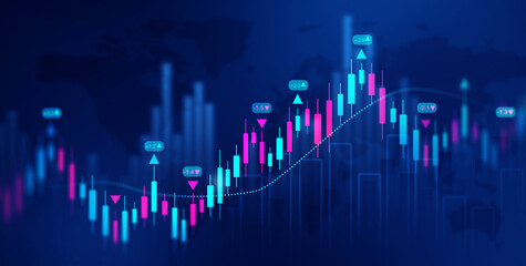 Financial data charts with glowing stock market graphs.Business financial chart with moving up arrow graph.Stock market investment data and analysis finance graph.	
