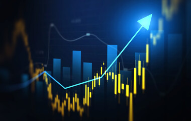 Financial data charts with glowing stock market graphs.Business financial chart with moving up arrow graph.Stock market investment data and analysis finance graph.	

