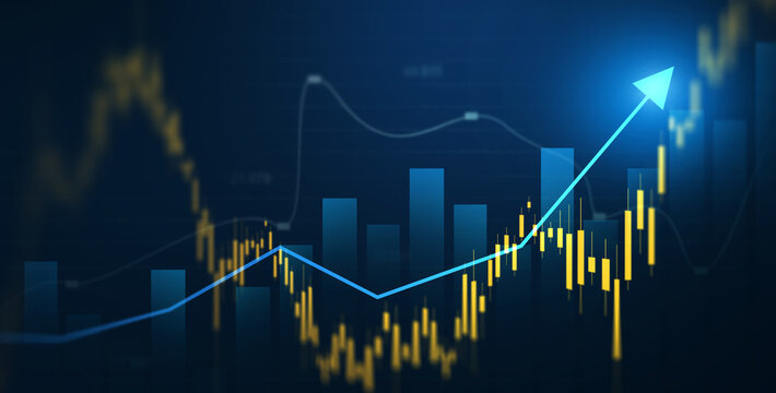 Financial data charts with glowing stock market graphs.Business financial chart with moving up arrow graph.Stock market investment data and analysis finance graph.	
