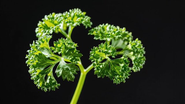 Fresh green curly parsley herb on black background