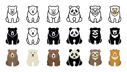 Naklejka premium Collection of cute cartoon bear icons featuring panda, sloth, polar, and grizzly characters presented in line art, solid glyph, and flat color vector illustration styles