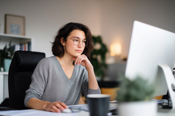 Focused woman working intently at her desk during daytime