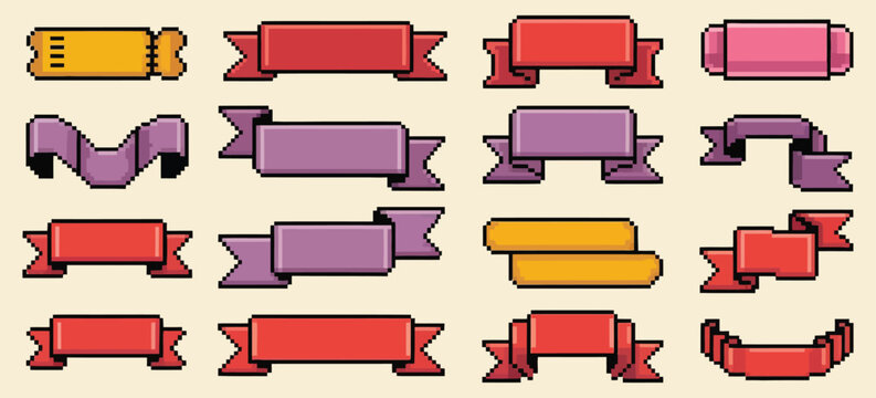 Pixel Ribbons Vector Set, Retro 8 Bit Vintage Game Asset, Blank Banner Flag Frames and Labels for Game Design, Colorful Isolated Pixel Art Collection