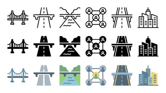 Collection of infrastructure and connectivity icons presented in three styles including line, glyph, and flat color, featuring symbols for bridges, highways, cities, and networks