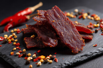 Savory beef jerky served on a rustic black slate plate