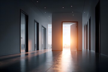 Office corridor with open doors allowing sunlight to enter, casting shadows on the polished floor, modern architecture with a minimalist design aesthetic