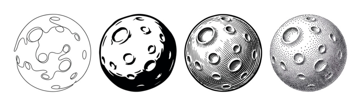Four distinct artistic black and white moon illustrations feature diverse graphic techniques: line art, silhouette, engraving, and stippling, each depicting the celestial body's cratered surface