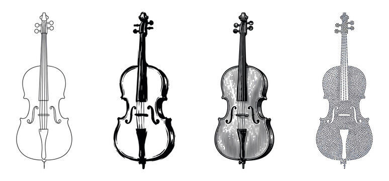 Four distinct black and white cello illustrations showcase various artistic styles, from clean line art to detailed engraving and stippling, presented in a creative collection