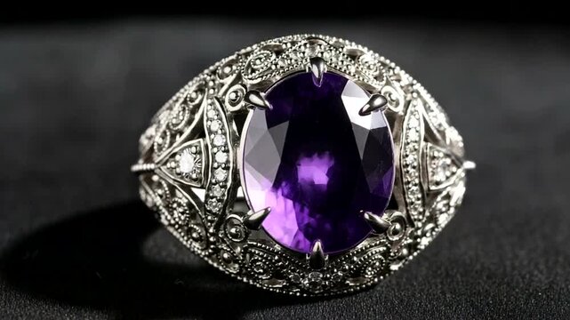 Elegant ornate silver ring with large purple gemstone displayed on black background.