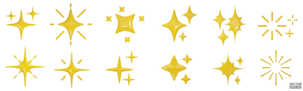 3d yellow star sparkle illustration. Sparkles emoji icon. 3D vector illustration.