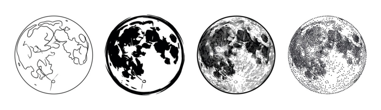 Four distinct black and white moon illustrations present various artistic techniques, depicting the celestial body's craters and surface features using outline, brush, engraving, and stippling styles