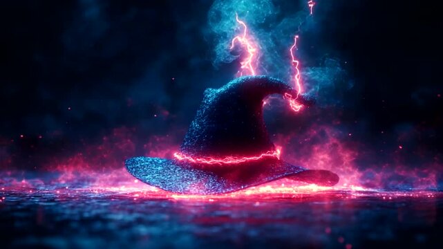 Enchanted wizard hat glowing with electric energy in dark
