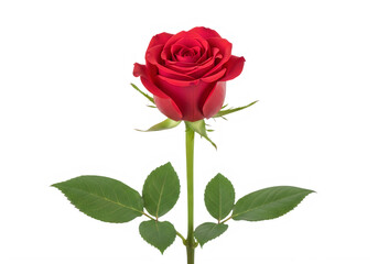 Fototapeta premium A single red rose with green leaves isolated on transparent background