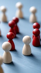 Obraz premium Colorful wooden pawns are arranged on a blue background, suitable for a board game or meeting setup with space for text