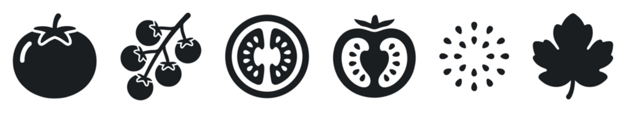 Various black silhouette tomato and leaf icons are displayed in a clean, minimalist graphic style, perfect for web design elements or educational materials
