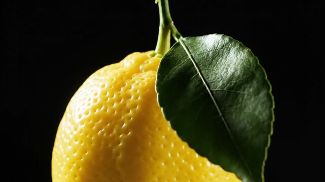 Fresh whole lemon with green leaf on black background
