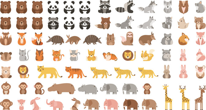 Cute cartoon animals flat vector icon set with many different species characters
