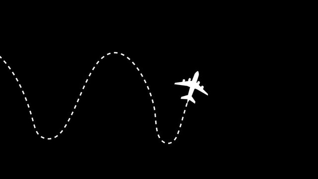 Airplane flight travel route destination animation isolated on black background