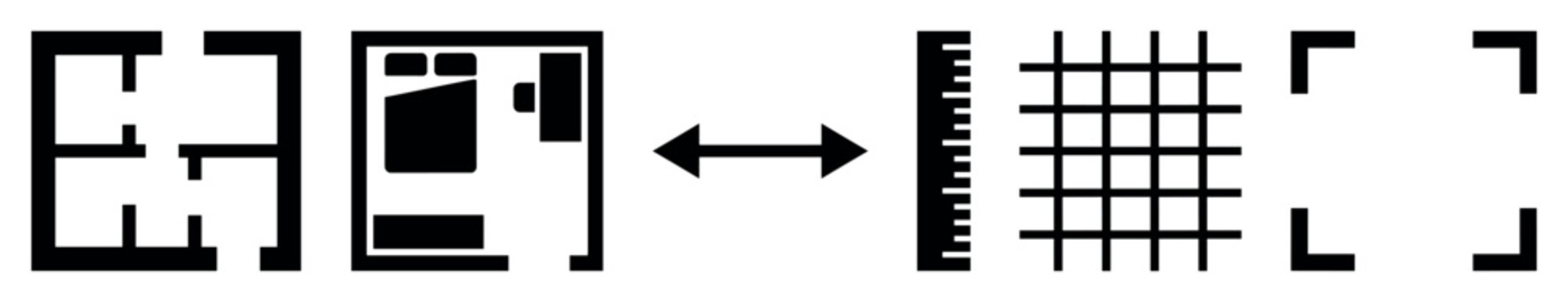 Architectural floor plans and design elements are visually connected by an arrow, depicting concepts of measurement, structure, and spatial planning in a clear, graphic style