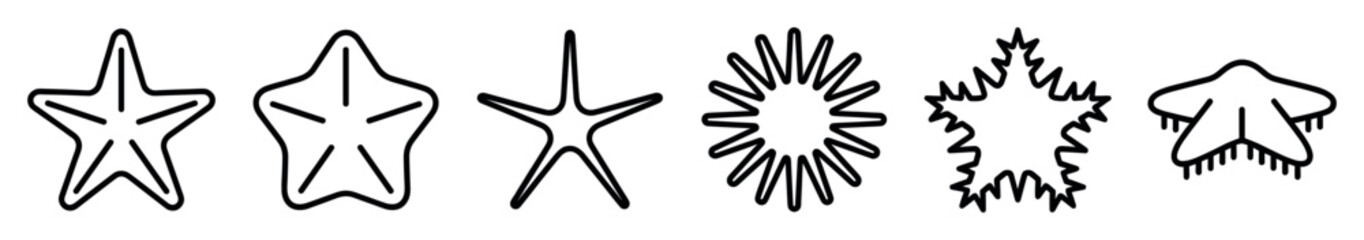 Obraz premium Six stylized starfish icons are presented in a row, featuring diverse shapes and intricate black outline details, creating a clean and graphic visual representation