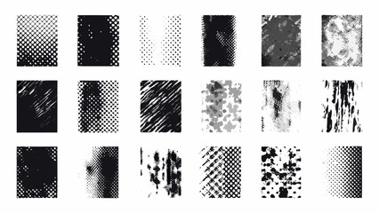 Collection of diverse grunge textures and halftone patterns displayed in a rectangular grid format