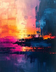 Obraz premium Abstract Sunset Landscape - Vibrant Colors and Textured Brushstrokes.