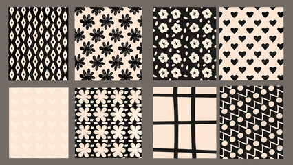 Set of six seamless patterns featuring floral geometric and abstract designs in black and beige tones