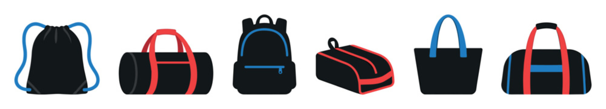 Various black bags with red and blue accents are displayed in a modern flat design vector illustration, showcasing different styles for travel and everyday use