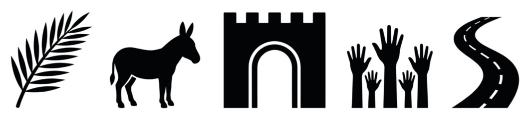 Fototapeta premium Palm branch, donkey, gate, hands, road silhouettes illustrate a symbolic journey of welcome and triumph in a clean, minimalist icon style