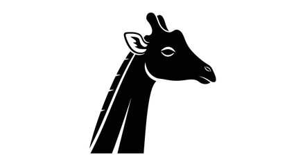 Fototapeta premium Black silhouette of a giraffe's head and long neck in profile against a white background.