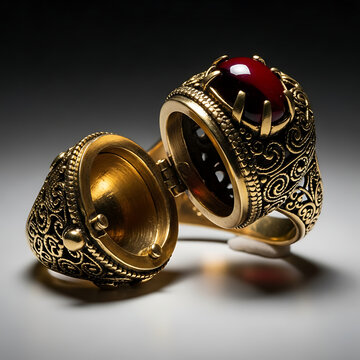 Ornate gold locket ring with a dark red gemstone, open to reveal its hidden compartment, showcasing intricate filigree details.