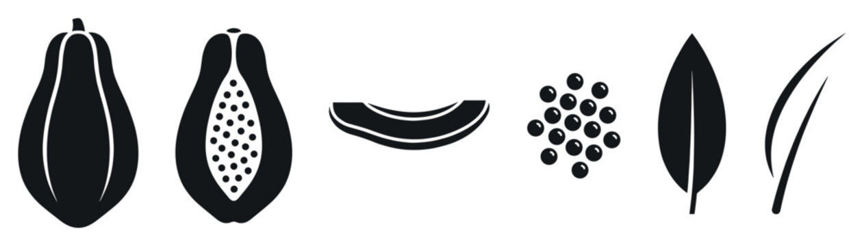 Black silhouette papaya fruit elements set, including whole, halved, sliced fruit, seeds, and leaves, presented in a clean, minimalist graphic style with clear details and strong contrast