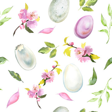 Watercolor Easter eggs seamless pattern with spring flowers and pastel ornaments.