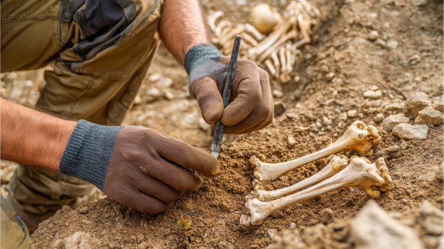 Archaeologists uncover ancient bones while excavating a historical site in the wilderness, revealing secrets of the past in the golden afternoon light