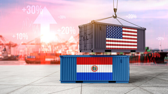 Trade between USA and Paraguay: The image shows cargo containers displaying the USA and Paraguay flags, being lifted, representing the complex dynamics of international trade and economic growth.