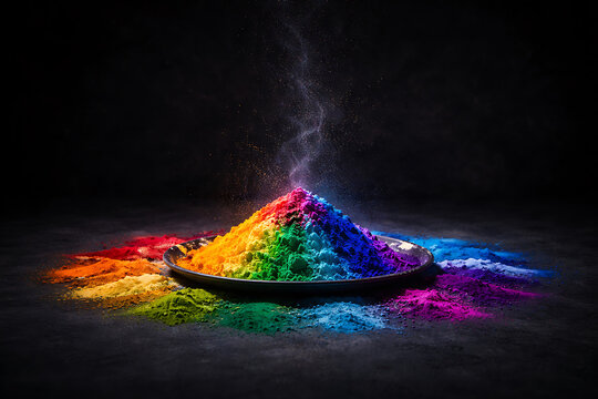 Magical glowing pile of bright colorful powder on a dark surface for the spring season celebration involving holi holika dhan and joyous rang panchami festival