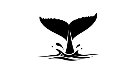 Fototapeta premium Black silhouette of a whale's tail emerging from the water with splashes and ripples, isolated on a white background.