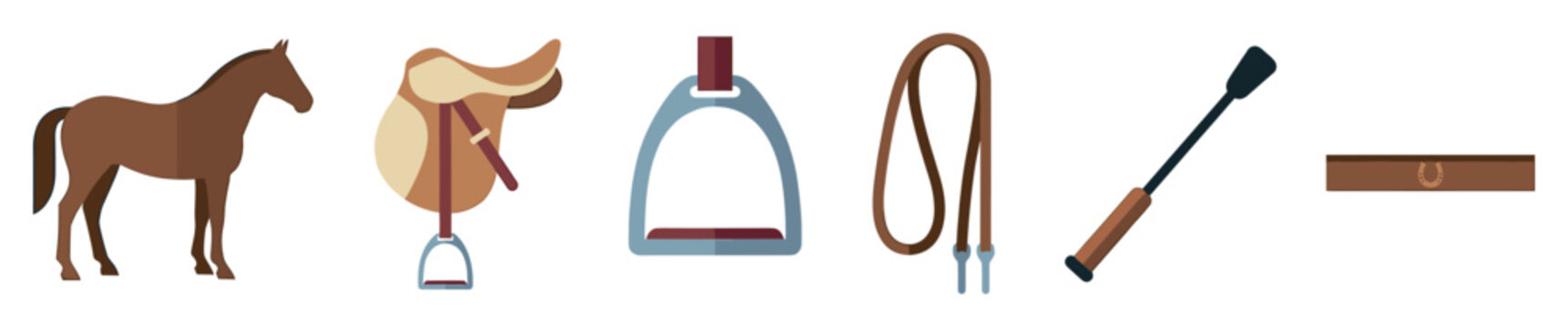 Various equestrian horse riding equipment and accessories are neatly arranged in a clean, modern flat vector illustration style, showcasing essential gear for horseback riding