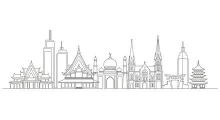 Fototapeta premium Diverse Architectural Skyline Sketch - Cityscape Outline Drawing