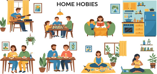 Fototapeta premium Home Hobbies Flat Vector Illustration Set with Family Activities Including Cooking, Reading, Board Games, Music, Yoga, and Quality Time Indoors Lifestyle Scenes Collection