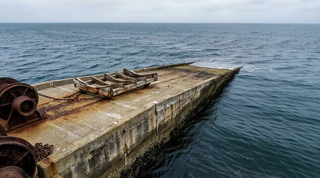 Old concrete pier with rusty winches and wooden cradle by the sea pier concrete sea ocean water, chains, boat.