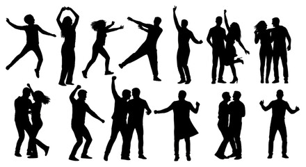 Fototapeta premium Collection of silhouettes of people dancing and posing together.